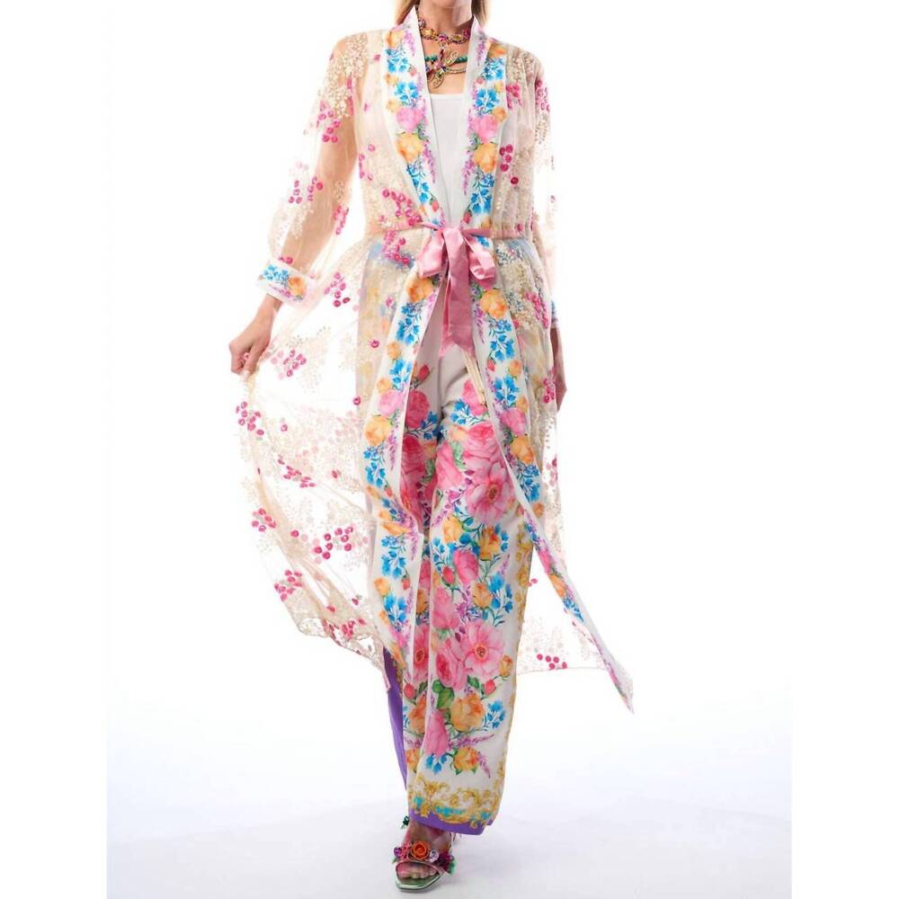 NEW ARATTA blossom duster beaded floral coat robe in white/fuchsia/tea mesh comb